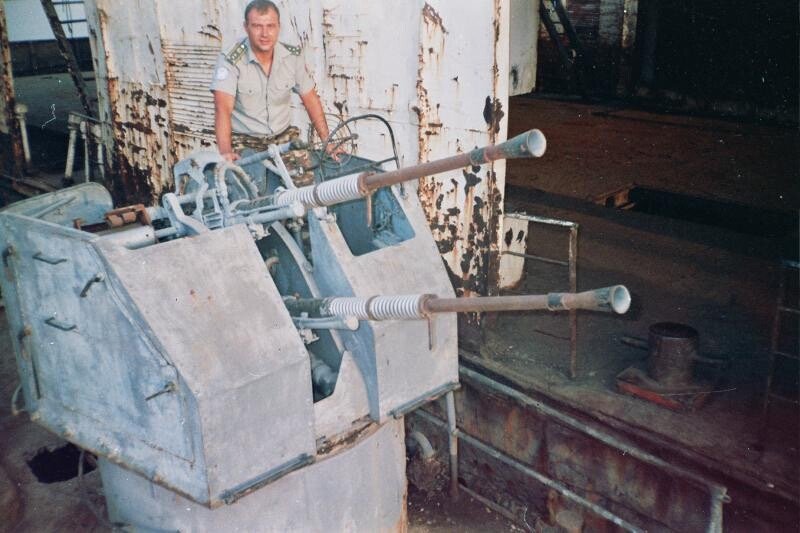 Ukrainian peacekeeper with AA gun on a ship 