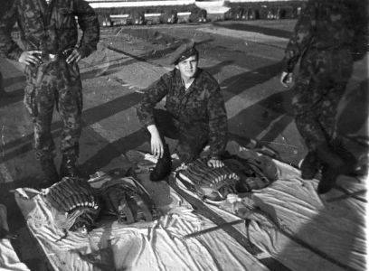 Soviet paratroopers packing parachutes 