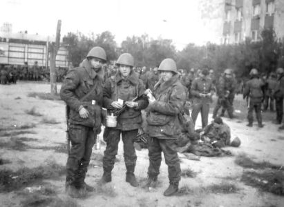 Soviet paratrooper in body armour and helmets