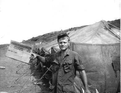 Bobby Driskell With Schlitz Box Tent Basecamp